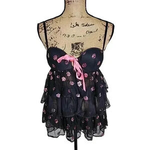 VICTORIA’S Secret Babydoll Slip Black Lace Flirty Sexy Little Thing top. 34 B